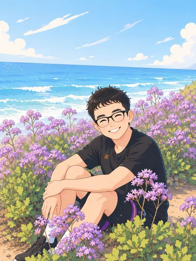 Illustrated portrait of Alan Jiang by the coast